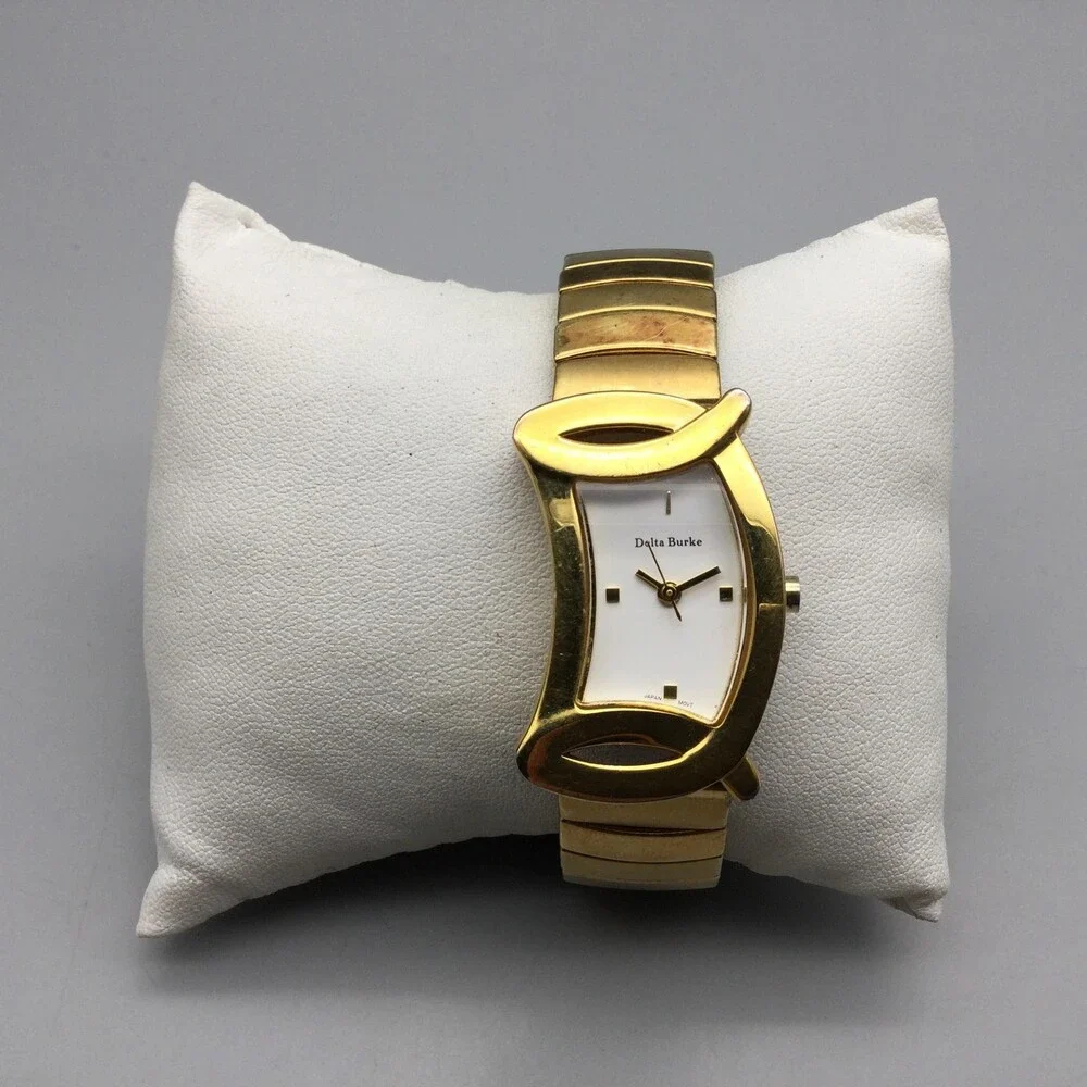 Delta Burke Womens Watch 25mm Gold Tone Asymmetrical Stretch Band New Battery